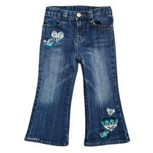 Gap Flare Jeans Y2K  Hearts 2T Girls Kids Embroidered Cross Stitch Blue Denim
